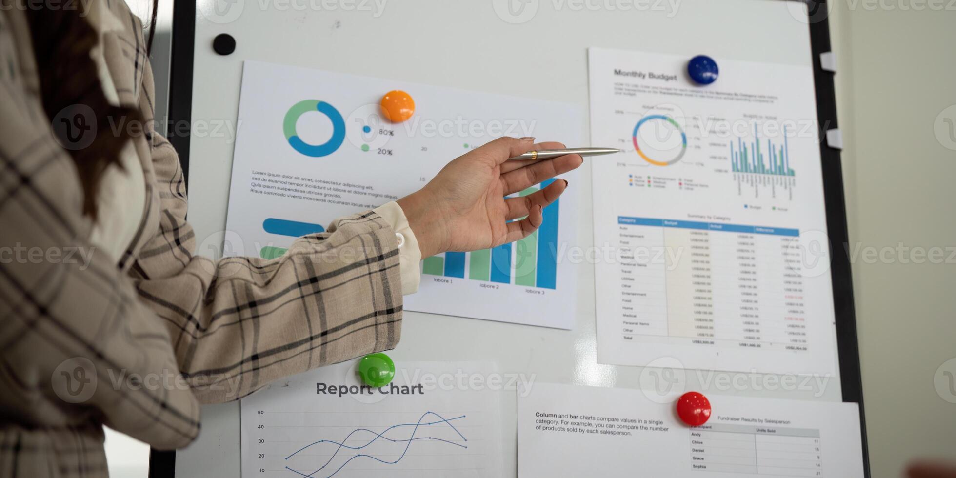 Business Presentation and Financial Analysis. Professional woman presenting budget data on a whiteboard. photo
