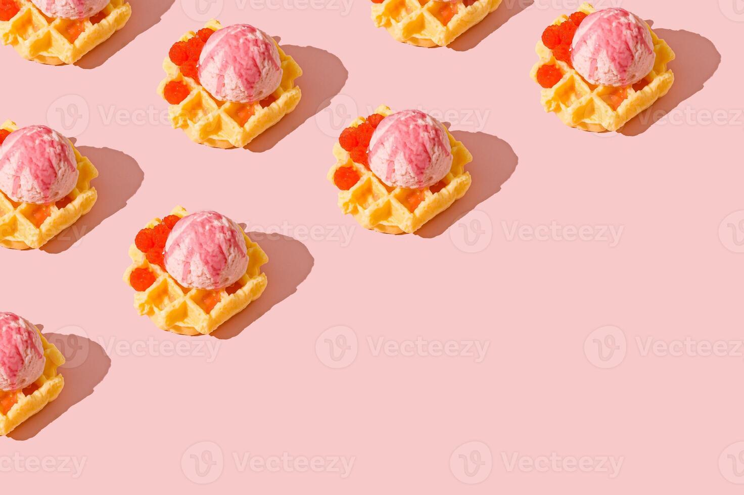 Waffle pattern with pink ice cream scoops and raspberries on pastel pink background. Sweet and playful dessert themed texture, perfect for packaging design, backgrounds or summer visuals. photo