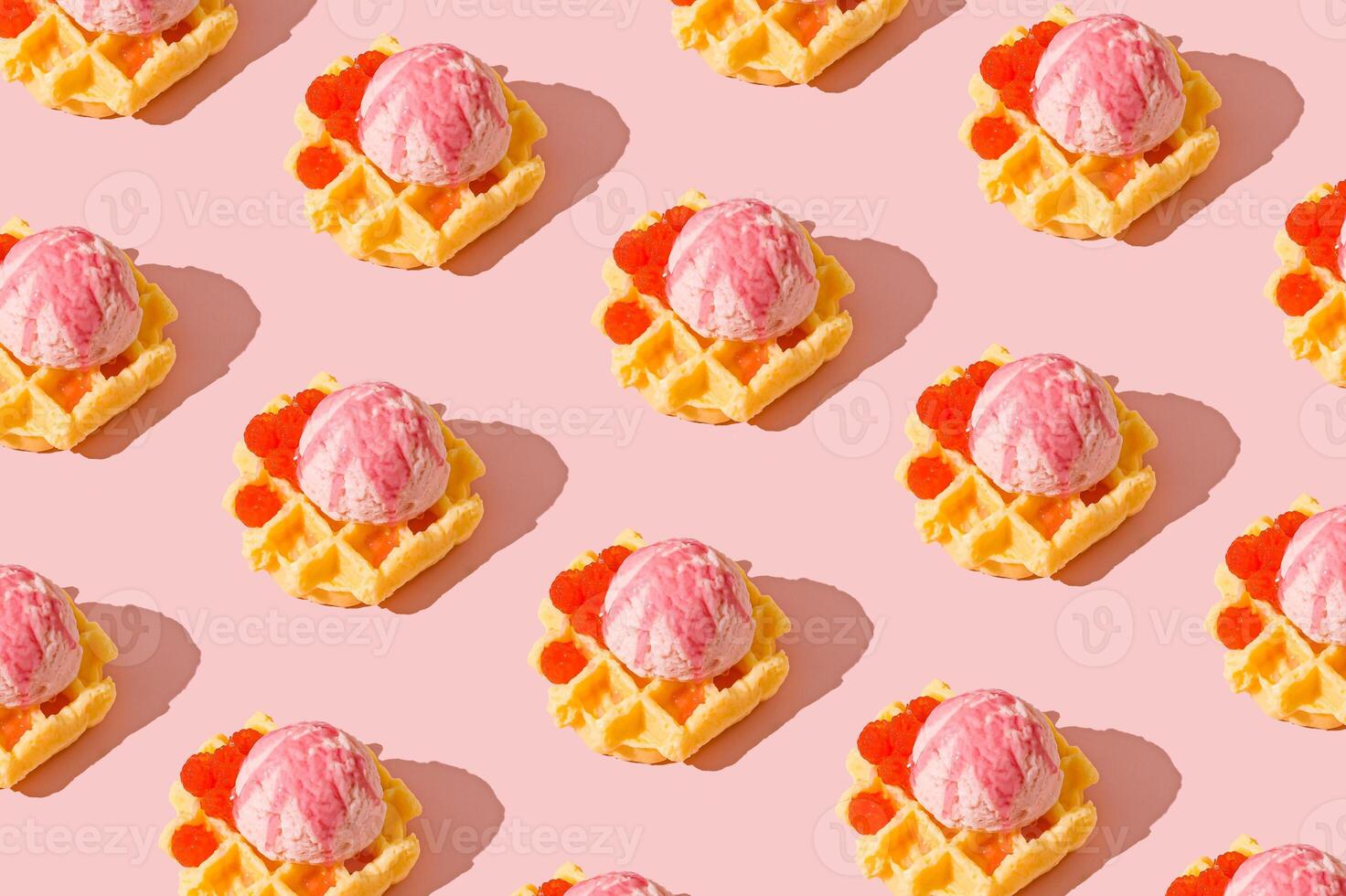 Seamless waffle pattern with pink ice cream scoops and raspberries on pastel pink background. Sweet and playful dessert themed texture, perfect for packaging design, backgrounds or summer visuals. photo