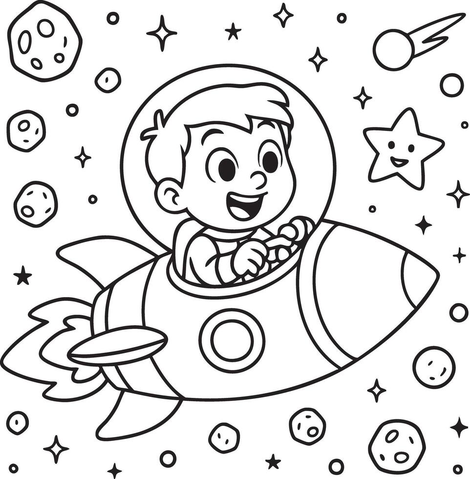 Boy Astronaut in Star-Shaped Spaceship vector