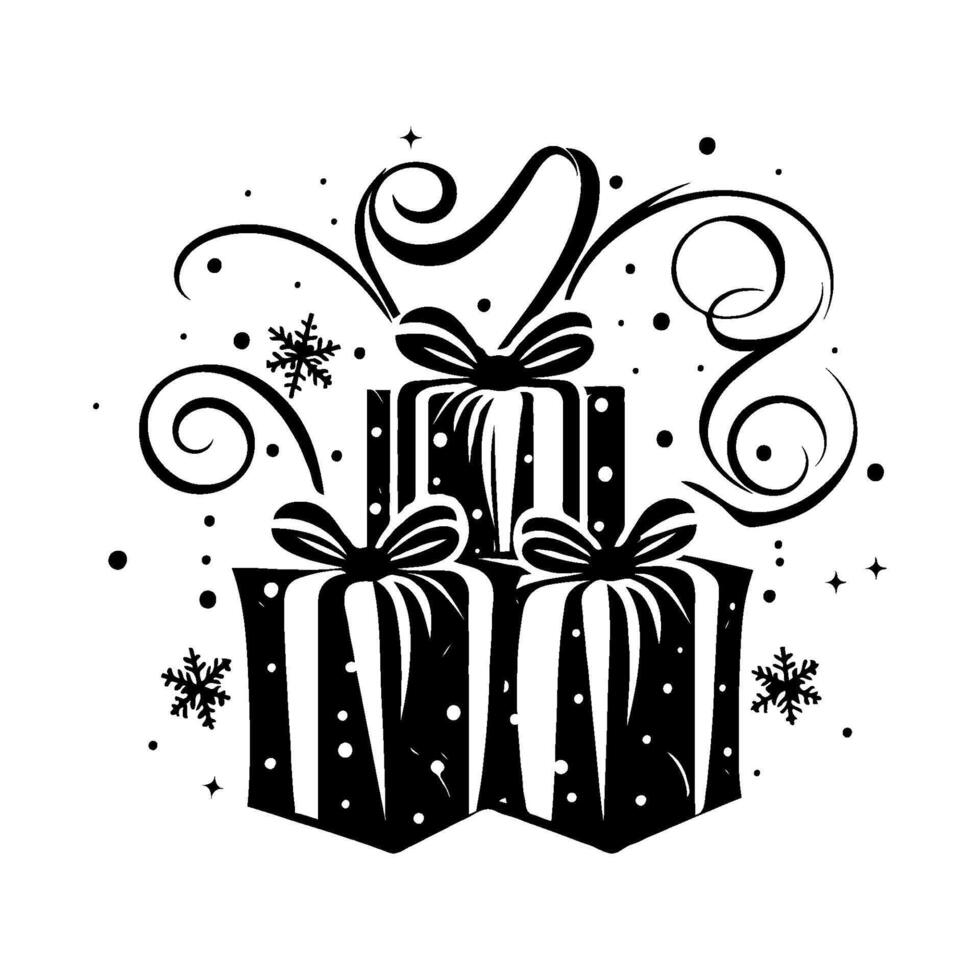 Three festive gift boxes with bows, swirling ribbons, and snowflakes in black and white graphic style on white background, concept of celebration vector