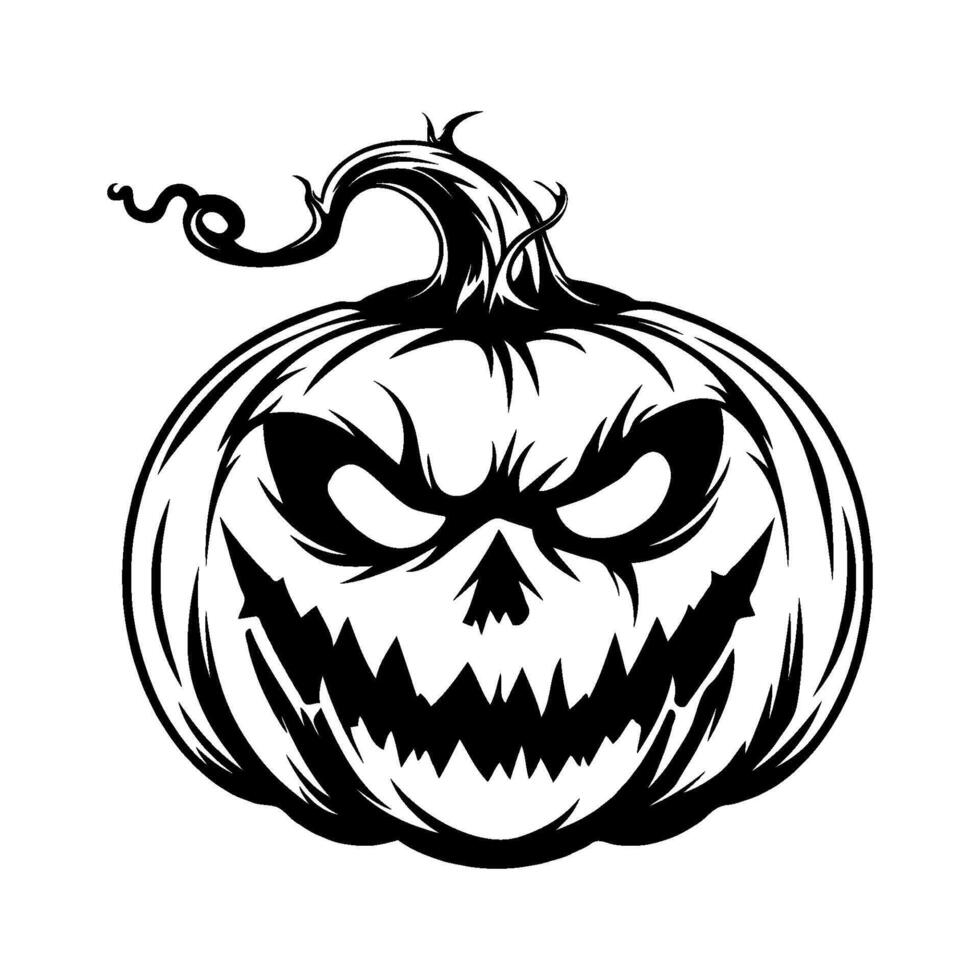 Spooky Halloween pumpkin face with evil grin in black and white style. vector