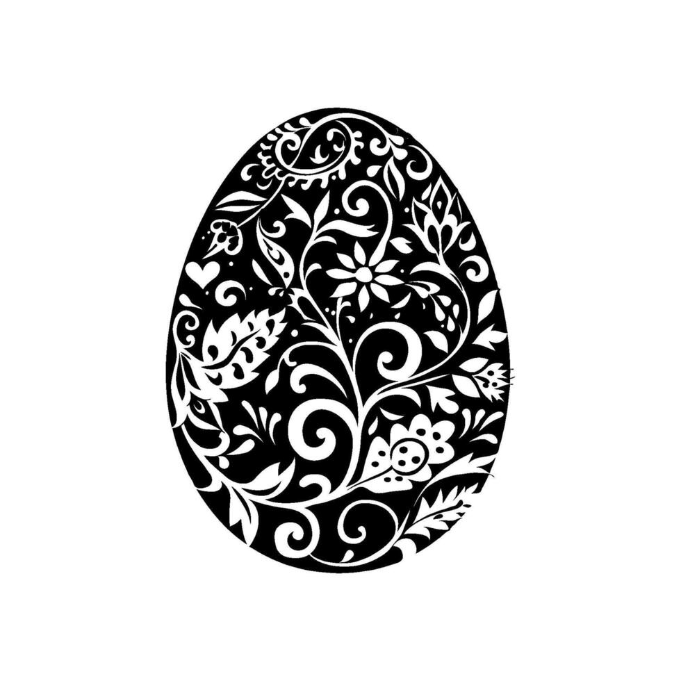 Ornate Black and White Easter Egg Design with Floral Patterns and Leaves, symbolizing spring and creativity vector