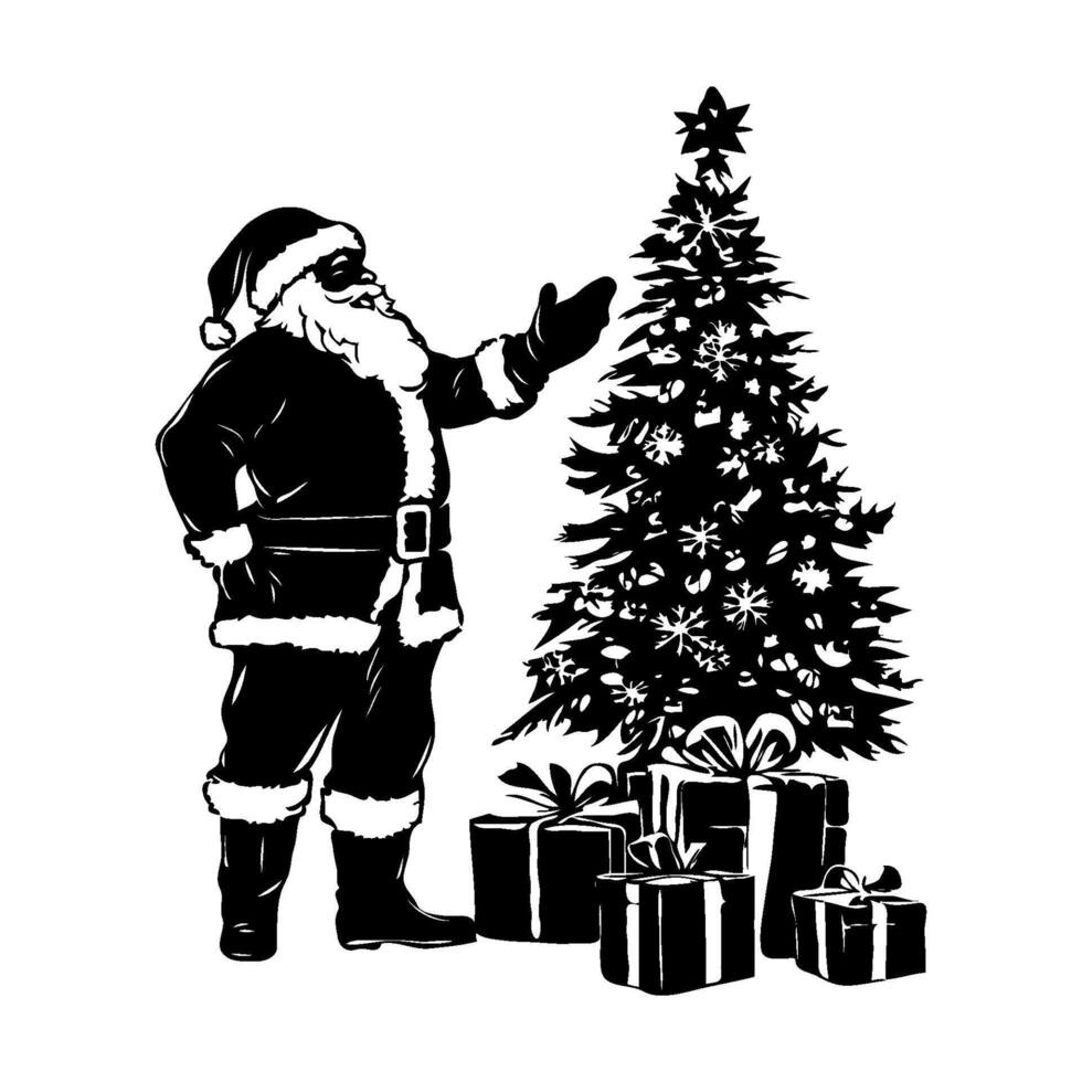 Santa Claus stands next to a decorated Christmas tree with gift boxes beneath, illustrated in black and white on a clean white background vector
