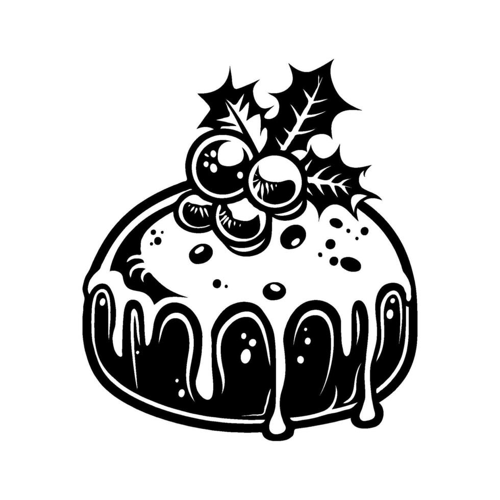 Festive Christmas pudding topped with holly and berries, monochrome ink style, isolated on white background. Concept of holiday dessert design vector