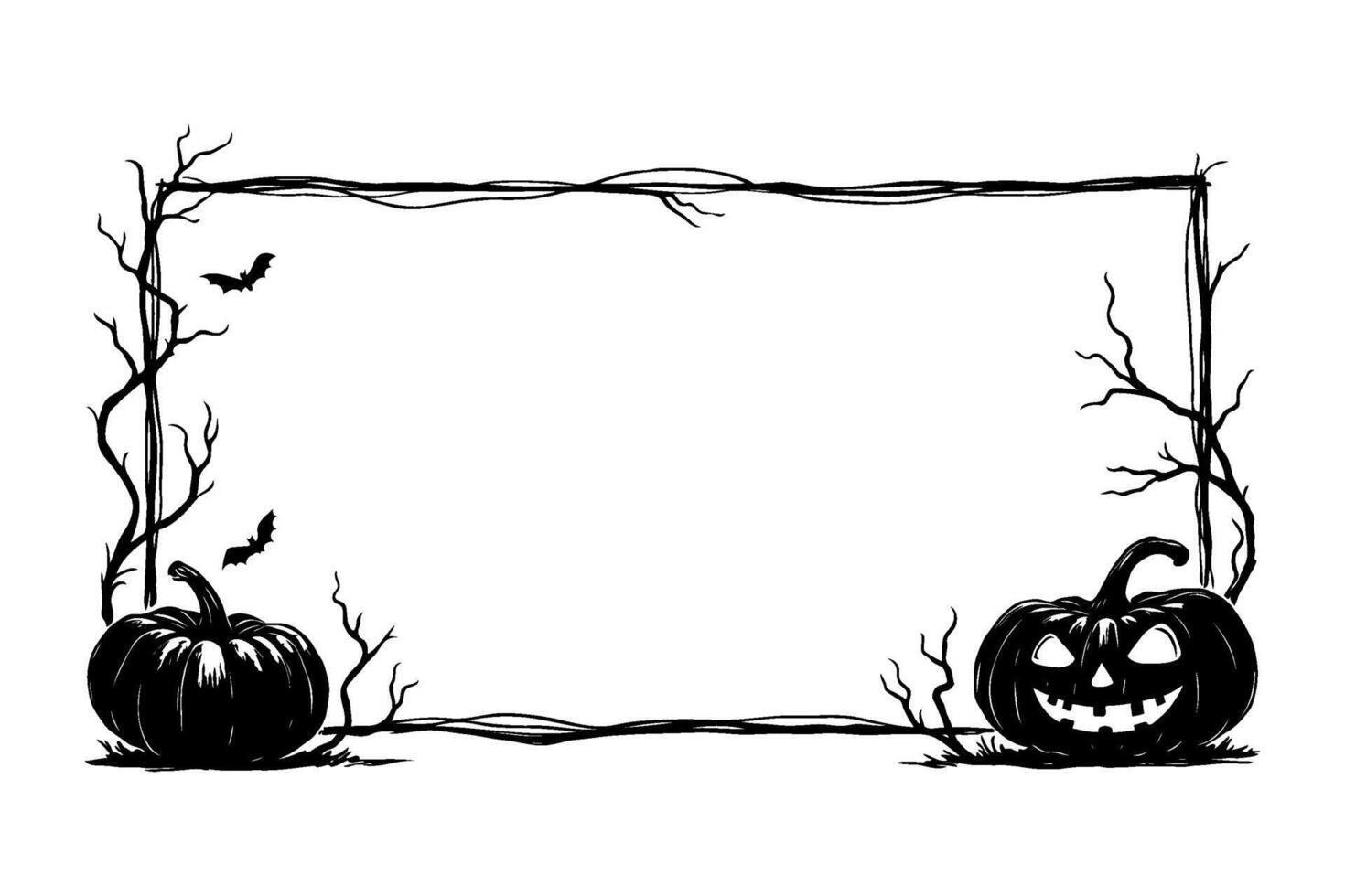 Halloween pumpkins and bats in spooky black frame on white background. vector