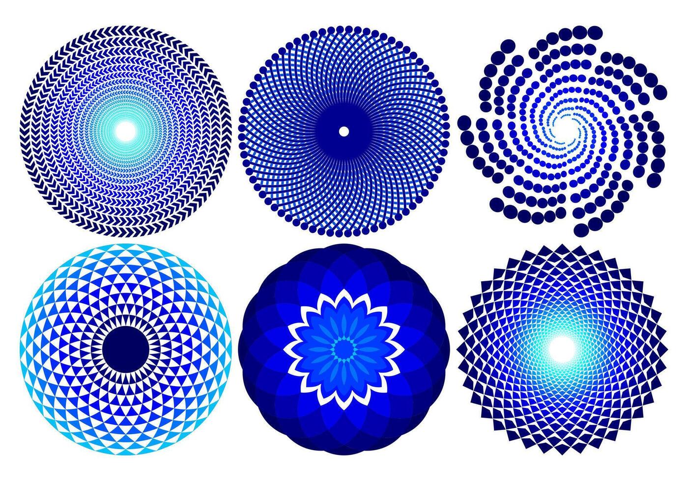 Abstract Blue Circular Geometric Pattern Set for Optical Illusion Backgrounds and Futuristic Digital Designs vector
