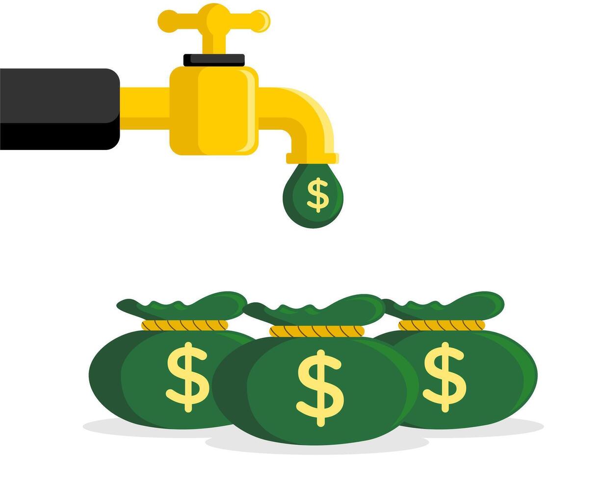 the water tap drips money and is collected with a money sack vector