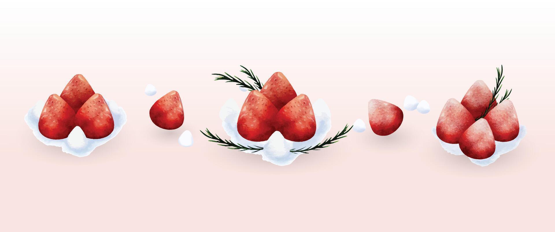 Collection of watercolor strawberries topping isolated for cake vector