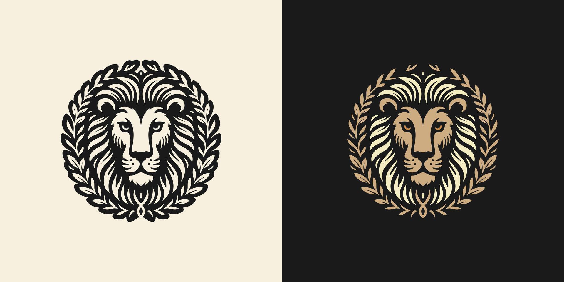 Royal lion head logo with laurel wreath in elegant black and gold design for premium branding and luxury identity vector