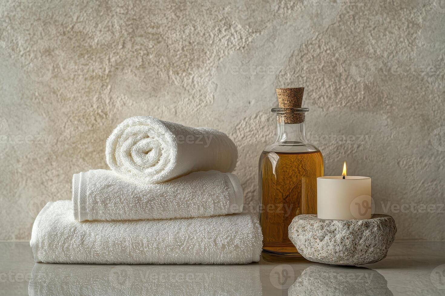 Minimalist still life of luxury spa essentials. White cotton towels with visible textured . photo
