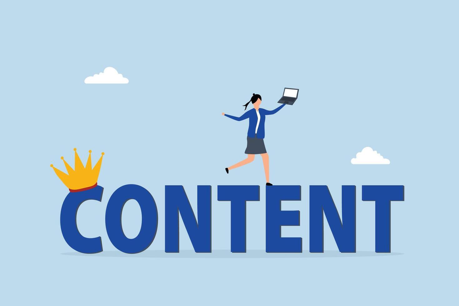 Content is king, female author using laptop on term content adorned with royal crown. vector