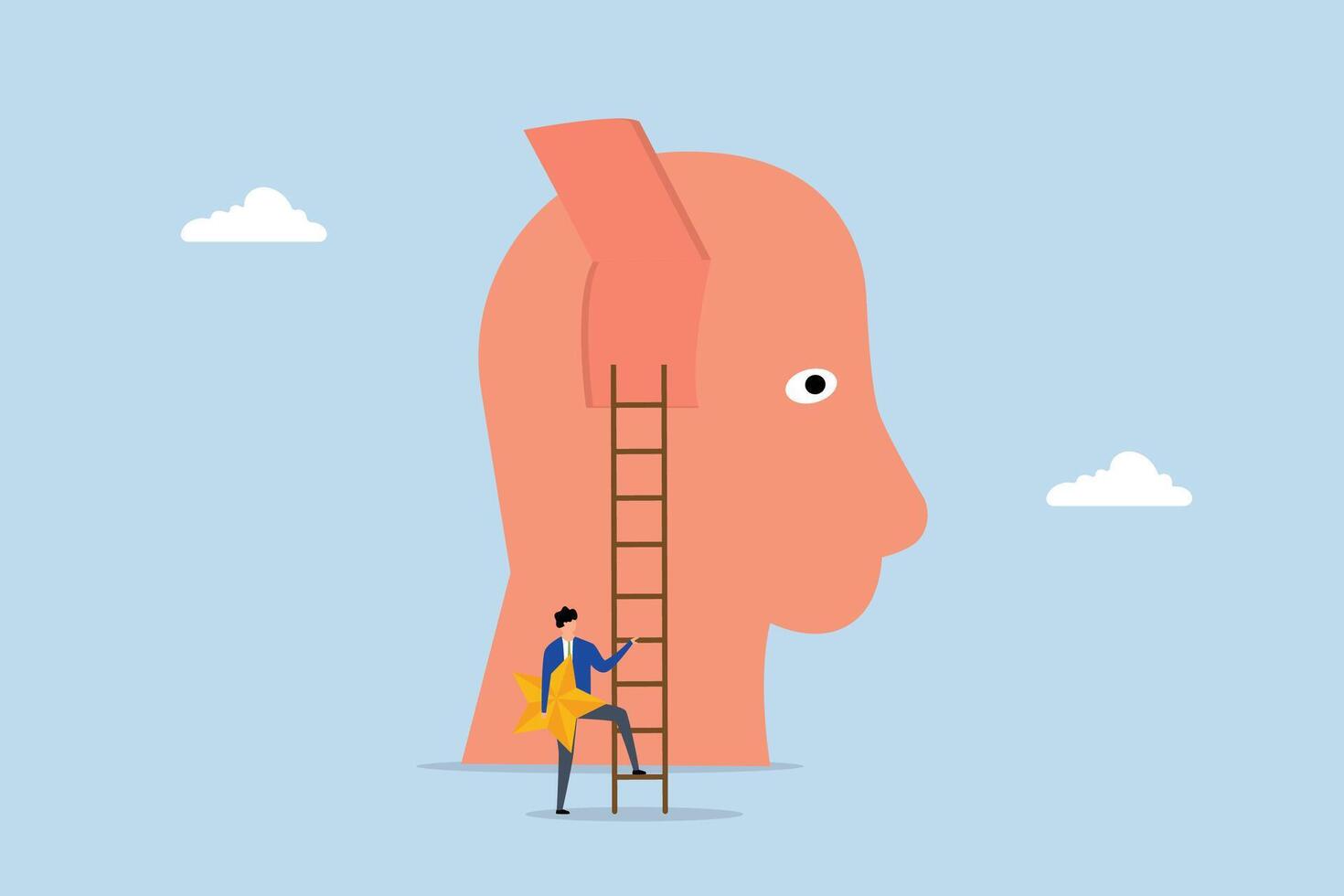 Brand recognition, businessman holding star climb up ladder to put into consumer brain. vector