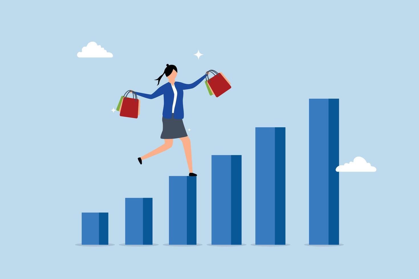 Customer lifetime value, customer woman with shopping bags walk on CLV graph and chart. vector