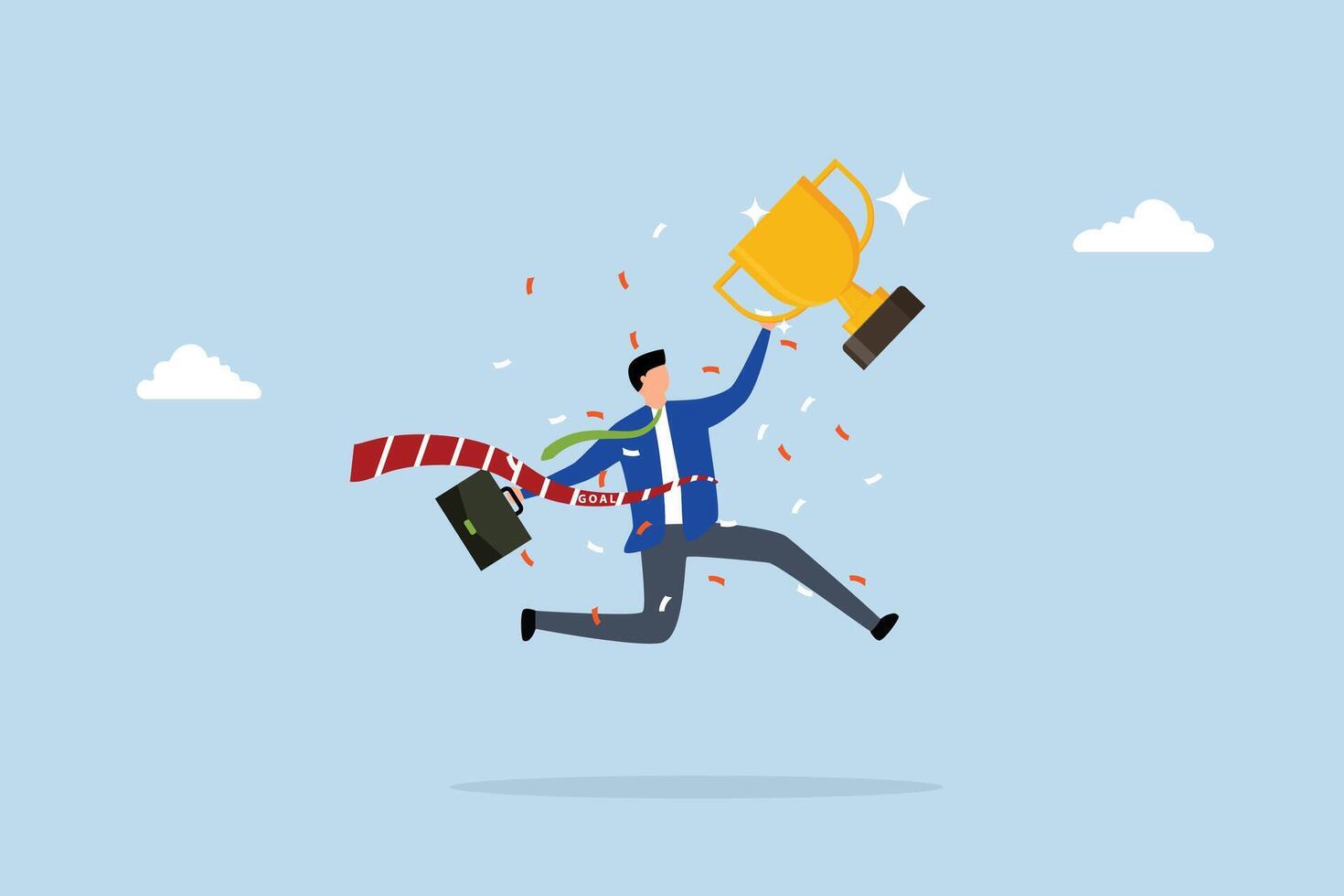 Success winning businessman, success businessman running reach finish line with trophy. vector