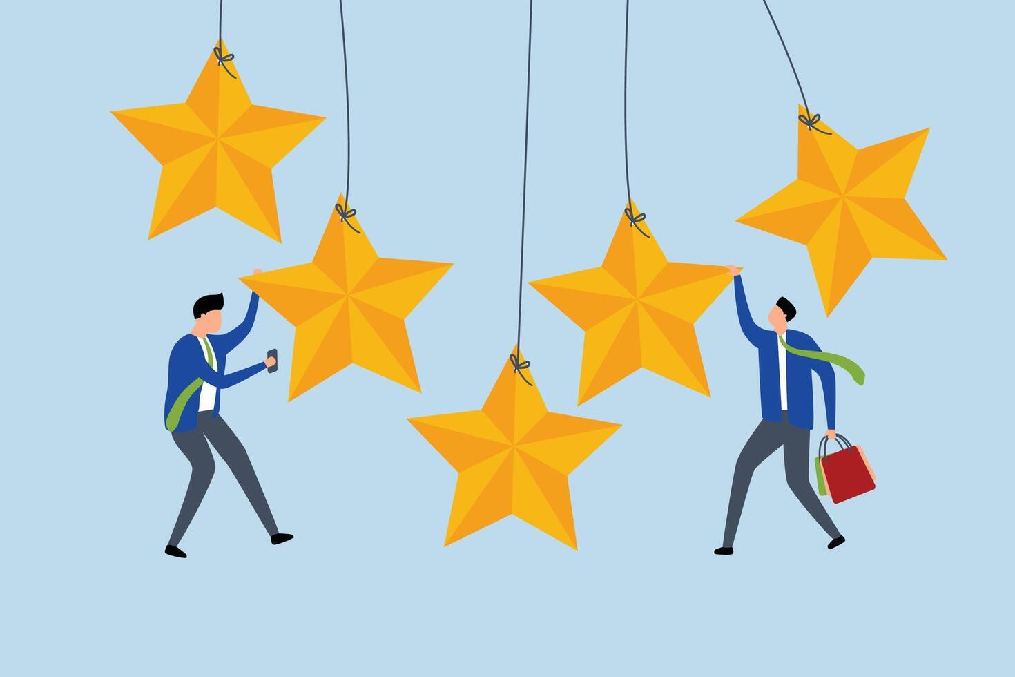 Customer experience rating, woman carrying shopping bag hanging from golden five stars with man using his mobile phone vector