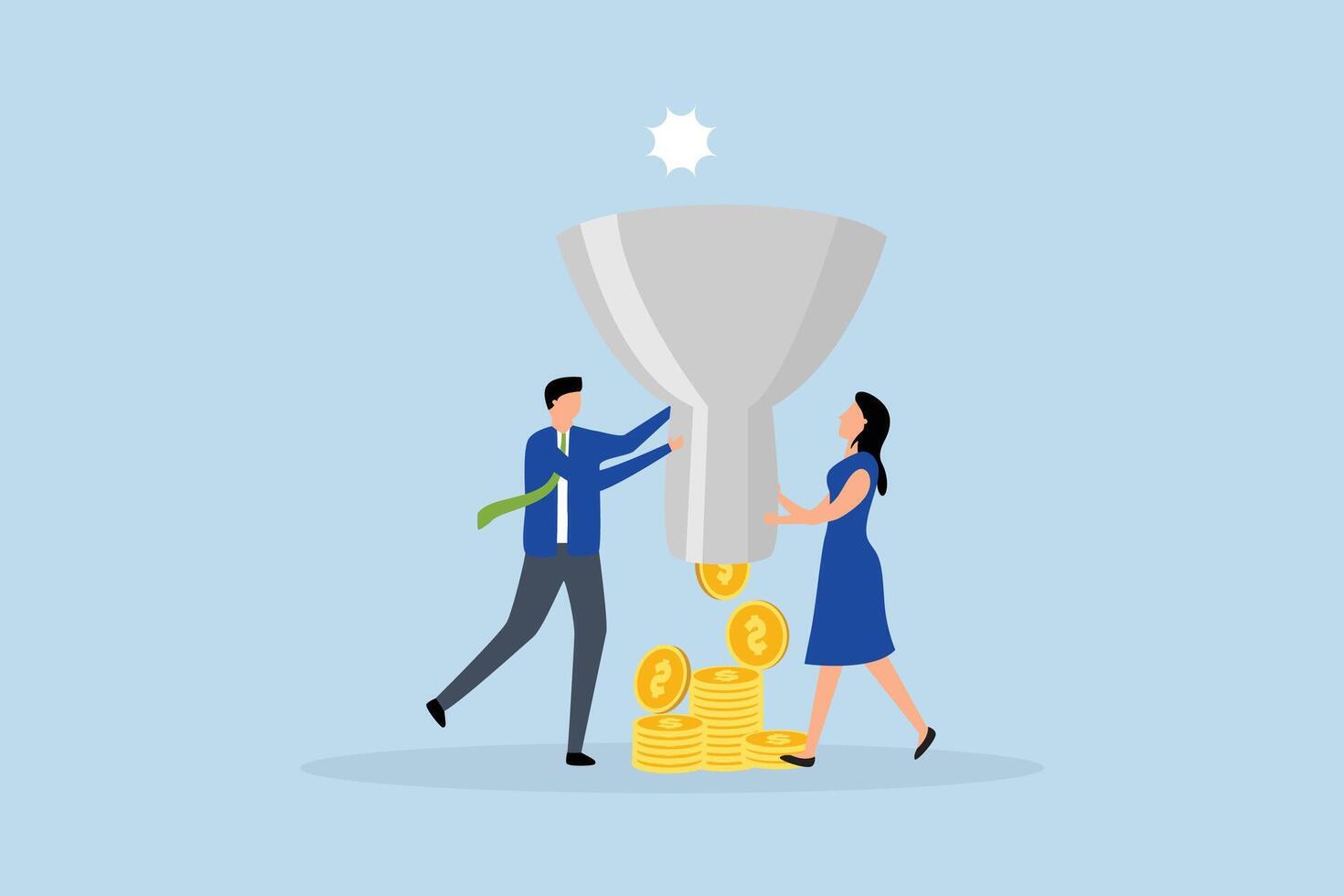 Marketing, business people marketer holding funnel with flow of purchase money vector