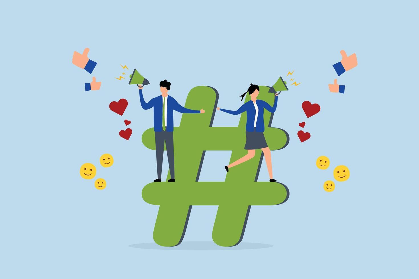 Social media marketing, marketing team announces promotion on hashtag sign with community feedback. vector