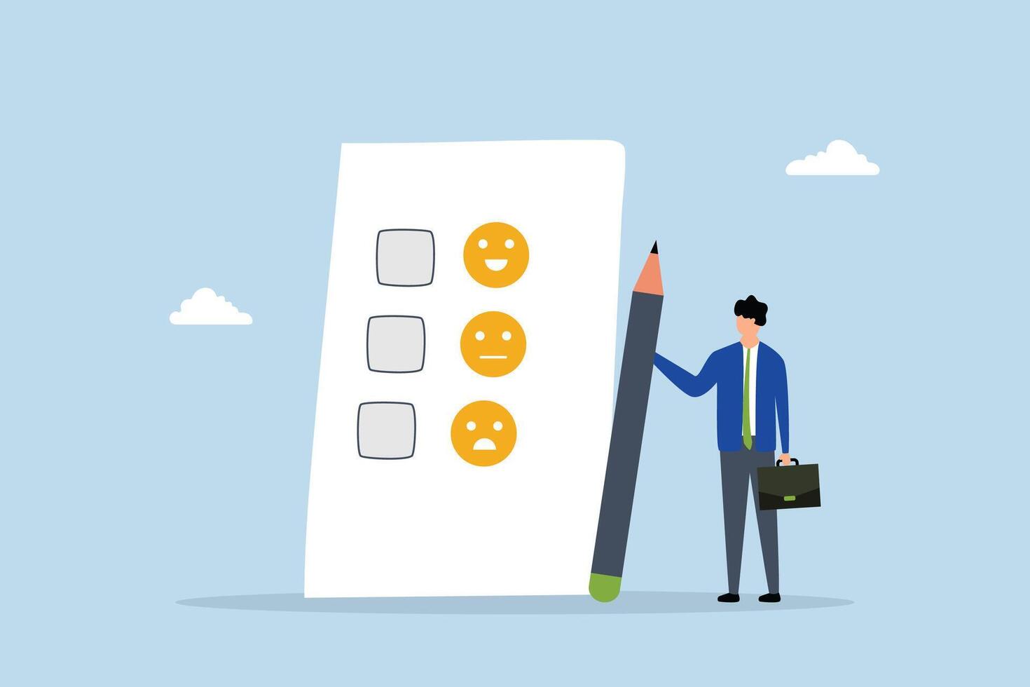Customer rating, man grasping a pencil reflects on their experience while rating survey that features happy, neutral, and angry facial expressions. vector