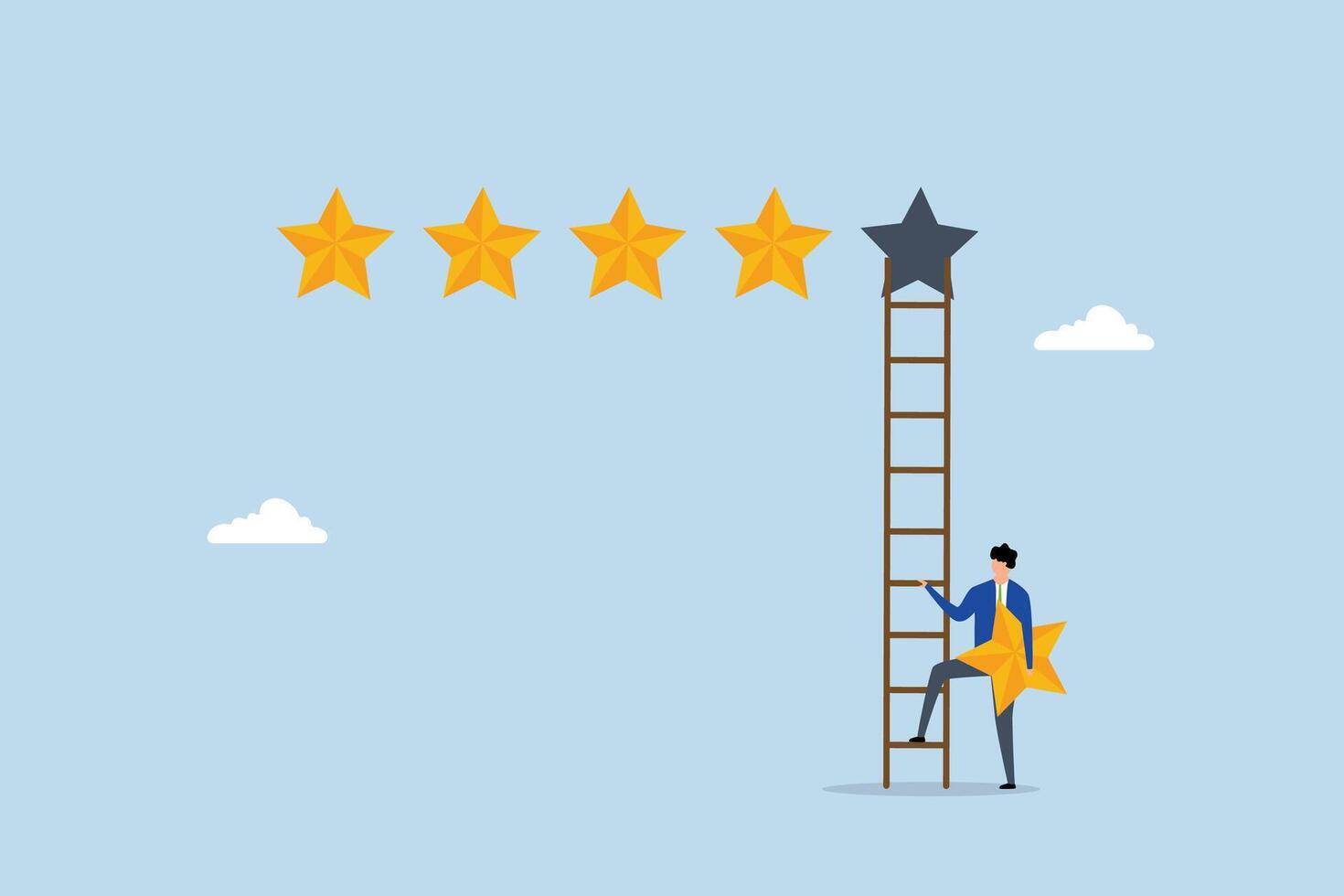 businessman holding 5th star climb up ladder to put on best rating. vector
