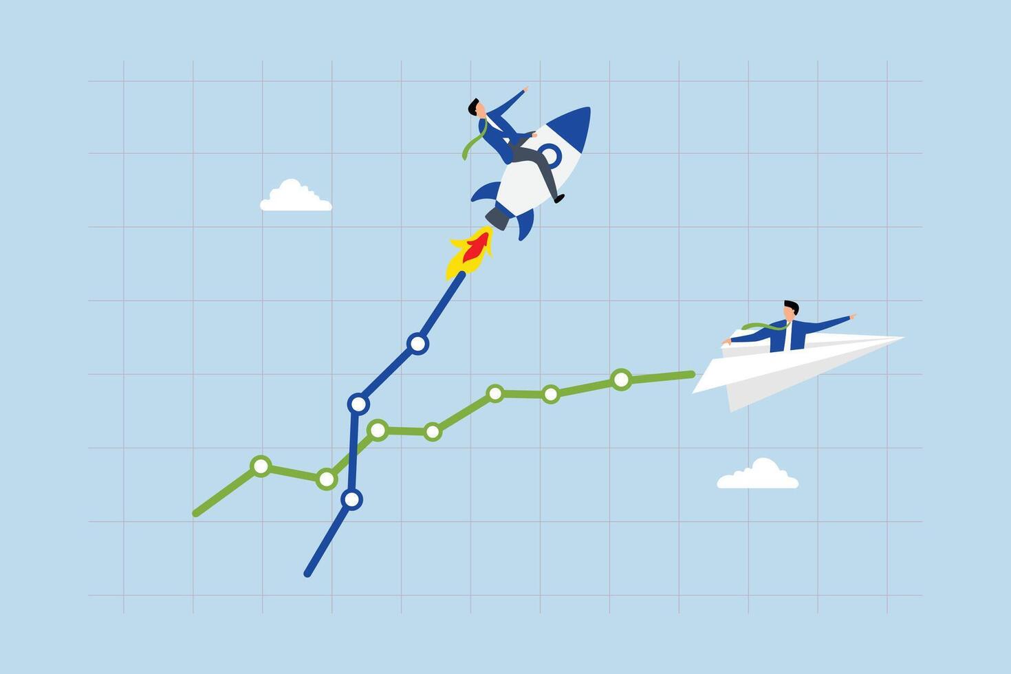 Boost performance, businessman riding fast rising speed rocket on graph. vector