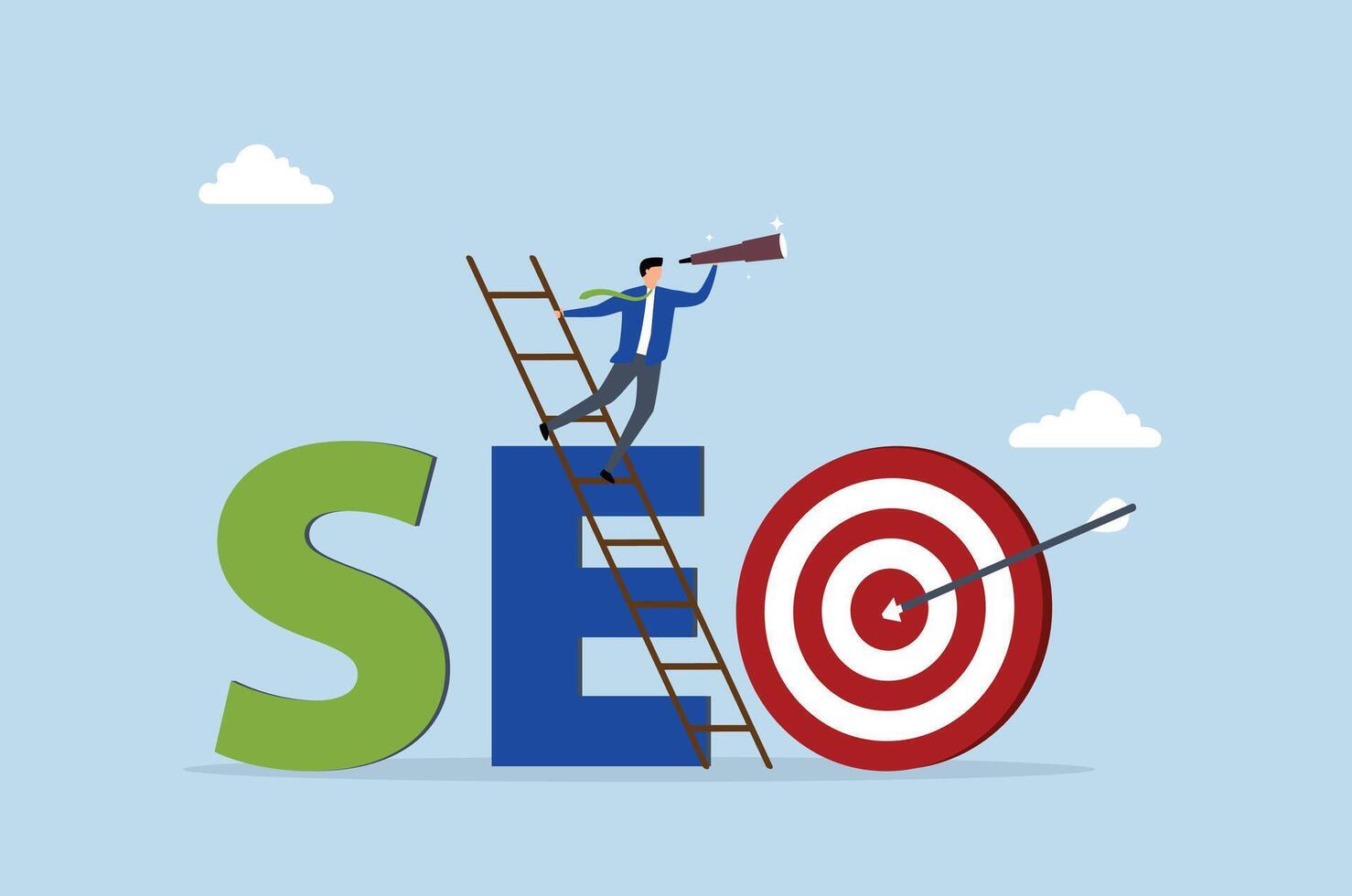 SEO, businessman climb up ladder on the word SEO with arrow hit target. vector