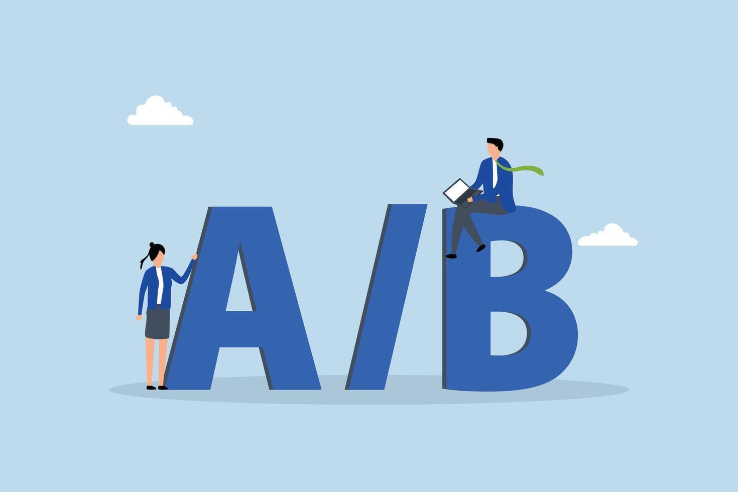 AB testing, Entrepreneur coder and users positioned on letters A and B for evaluation. vector