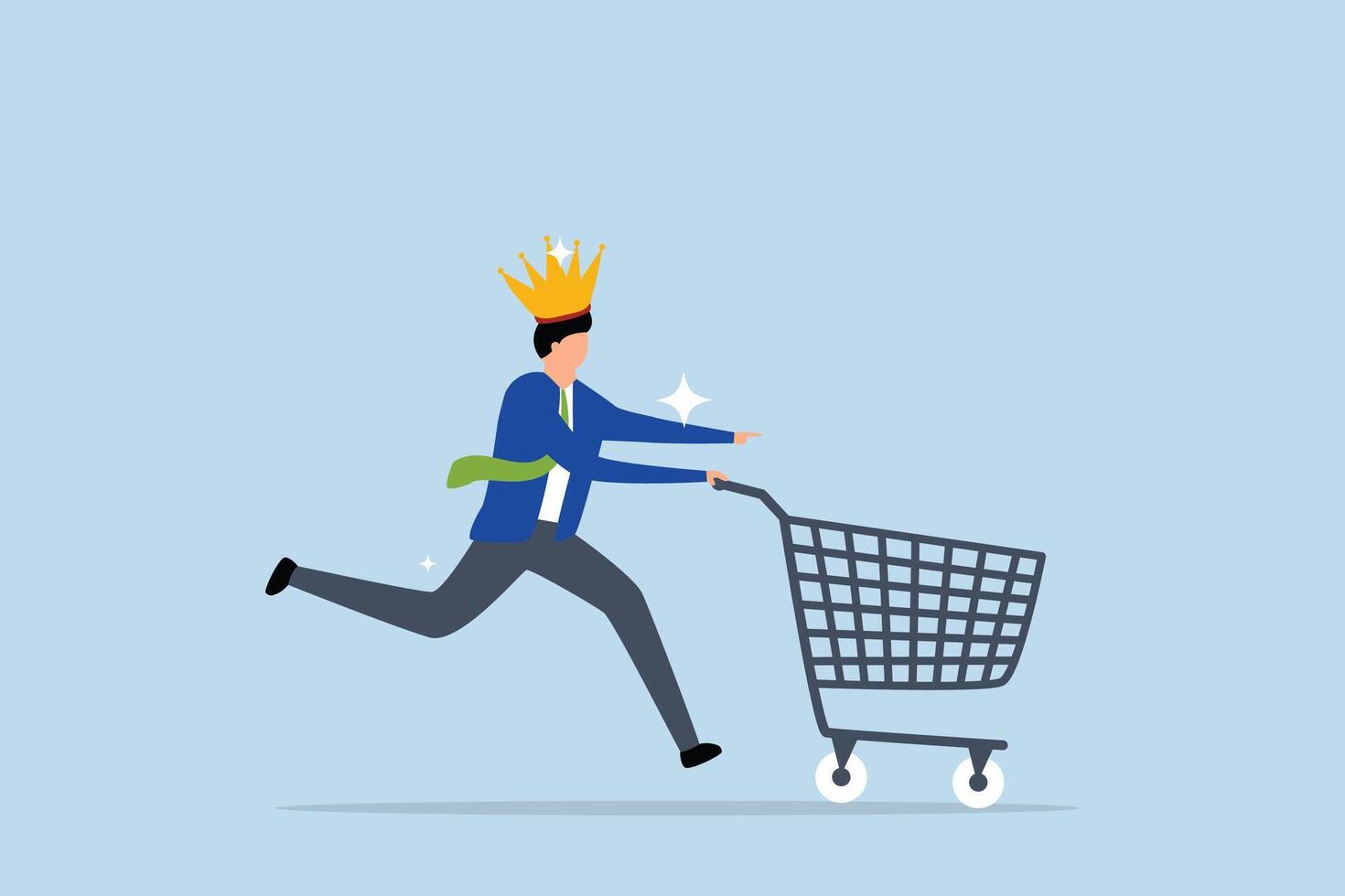 Customer is king, man customer wearing king crown running with shopping cart ready to buy product. vector