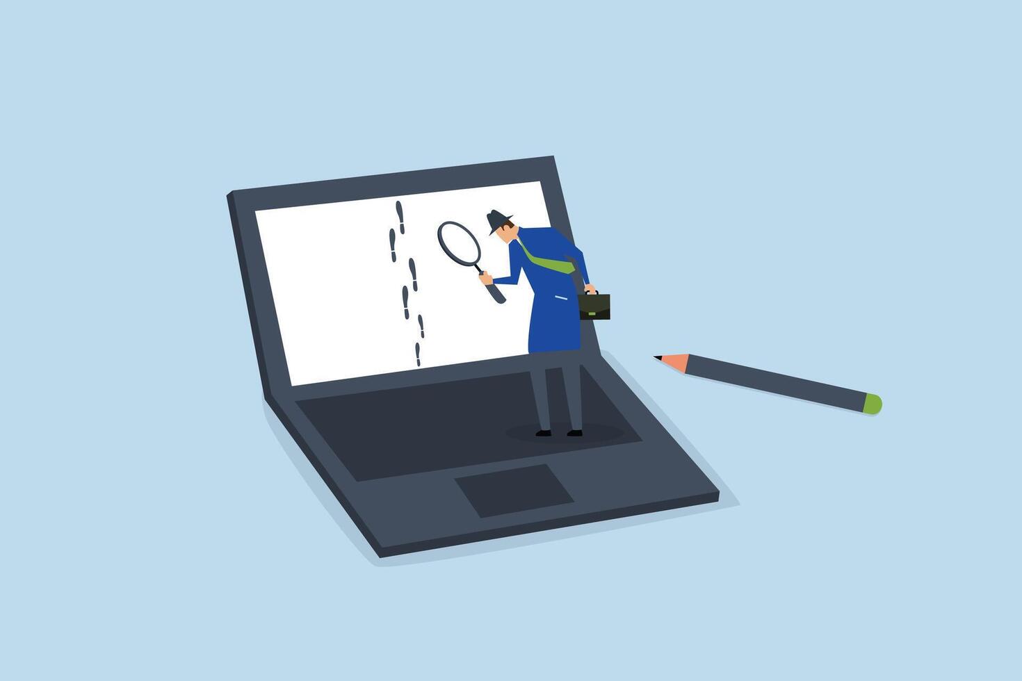 Website visitor tracking, Entrepreneur sleuth employing magnifying glass to trace the guest trail on laptop. vector