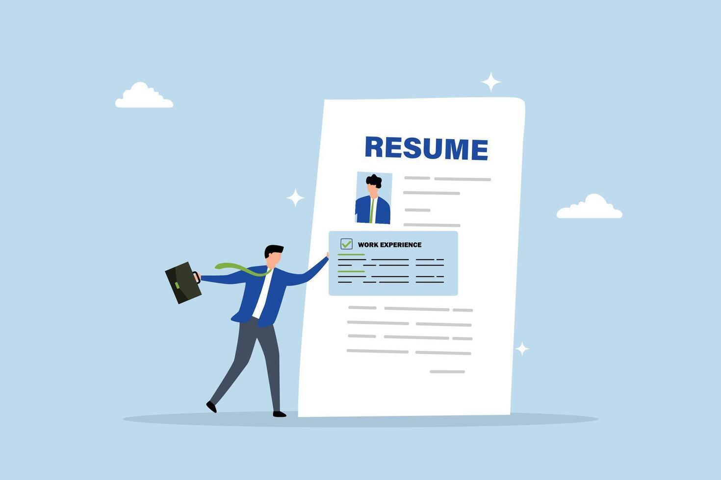 Work experience on resume, businessman put work experience on applicant resume. vector