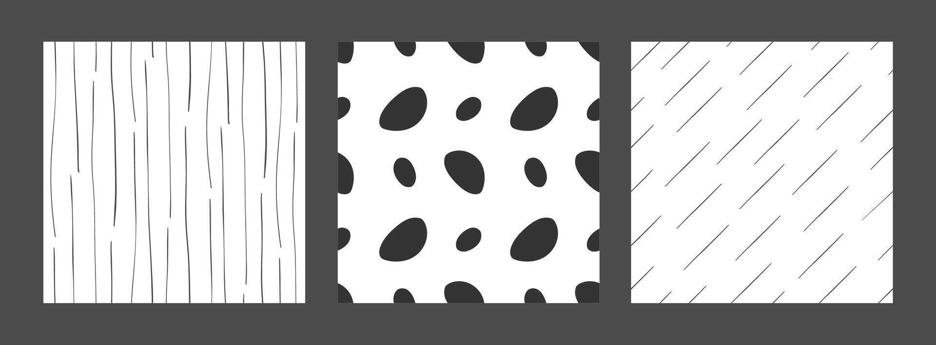 Set of minimalistic monochrome seamless patterns on a white background. Design template of unique ornaments for printing on fabric, textiles and wrapping paper, for wallpaper and backdrops. vector