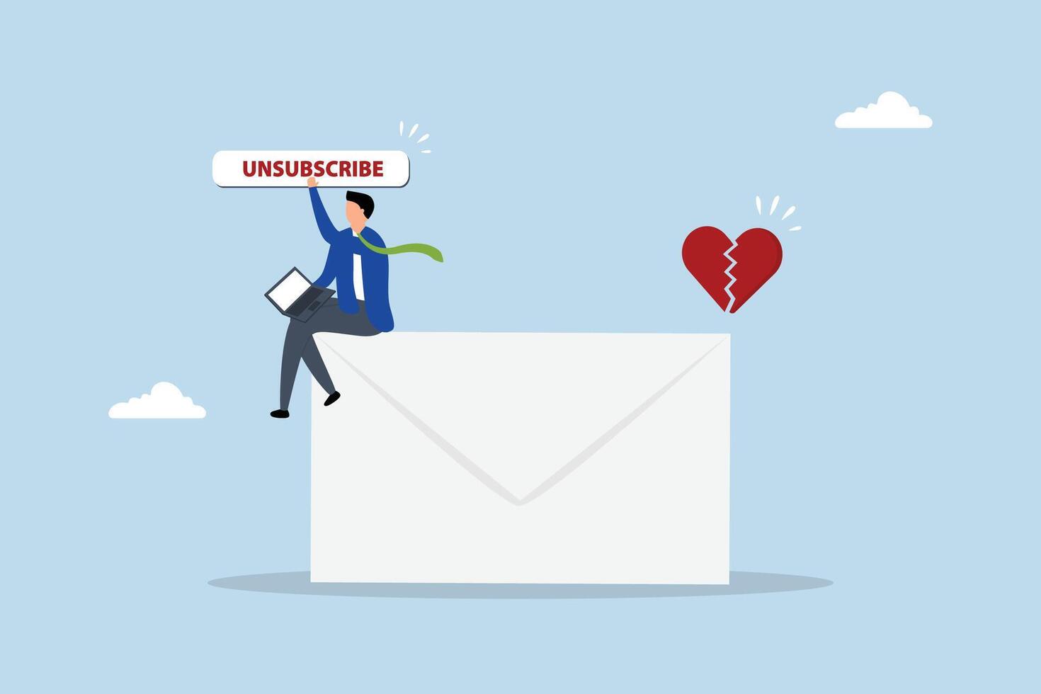 Unsubscribe email exit from mailing list, businessman working with computer laptop push unsubscribe button. vector