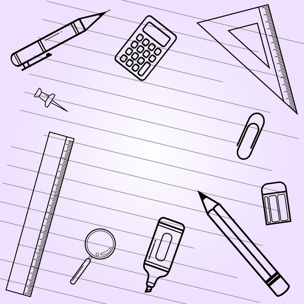 Back to school doodle elements template with typography and line art of stationery icons on note book background. back to school background design vector