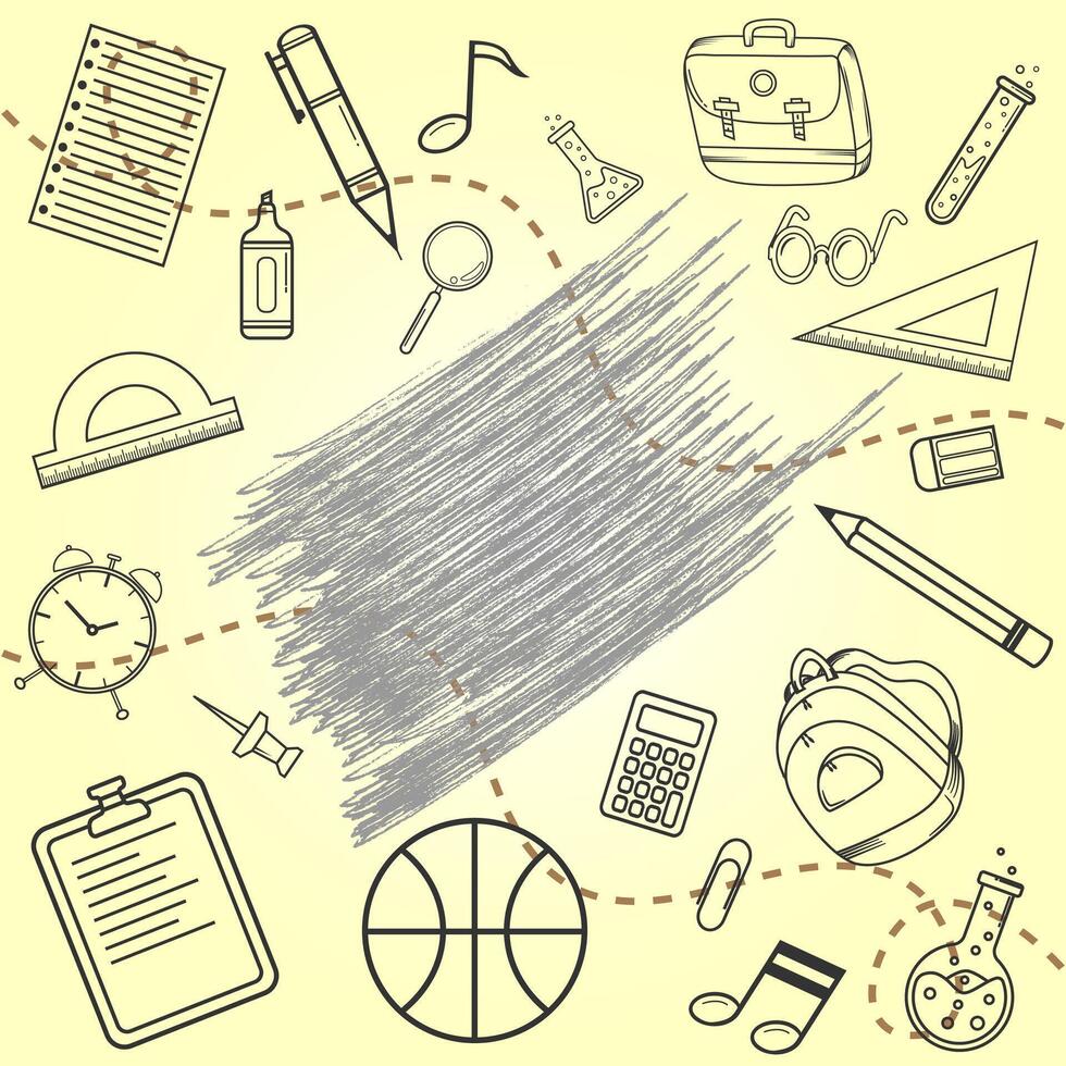 Back to school doodle elements template with typography and line art of stationery icons, education background. back to school background design vector