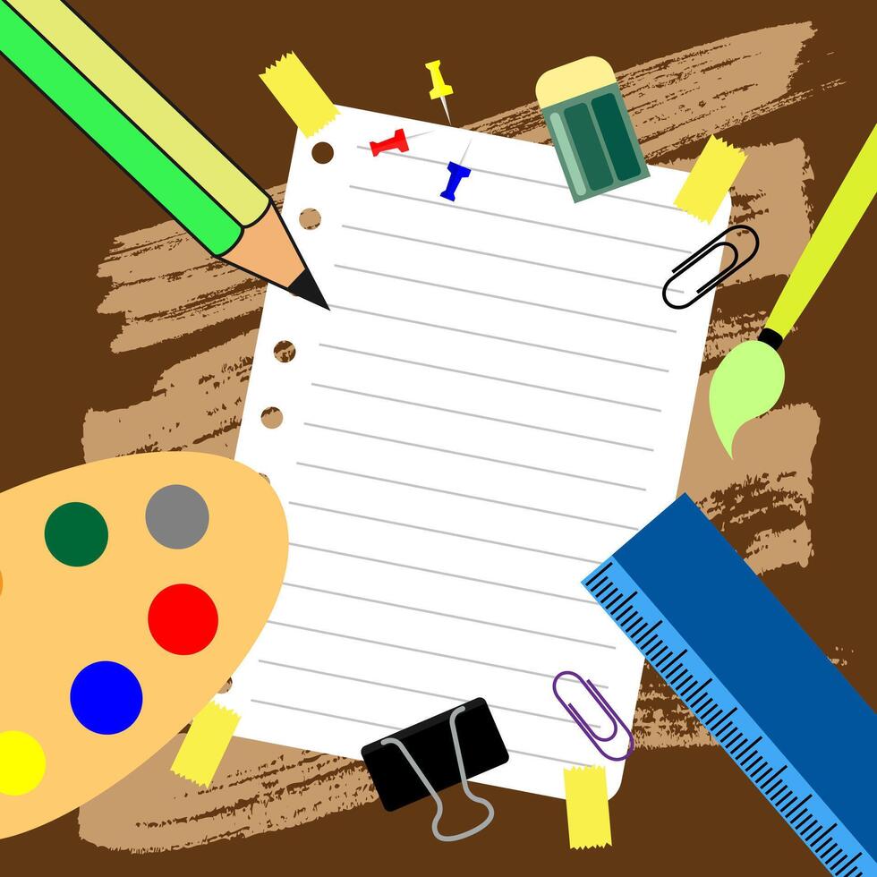 Back to school text on notepaper with school supplies on pastel color background, flat lay. illustration vector