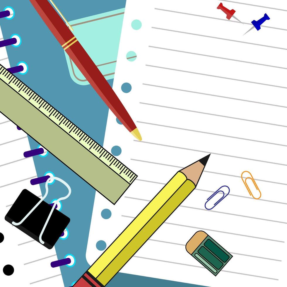 Back to school text sign on notepad with pencil and wooden plain school rulers around. Stationery school supplies. vector