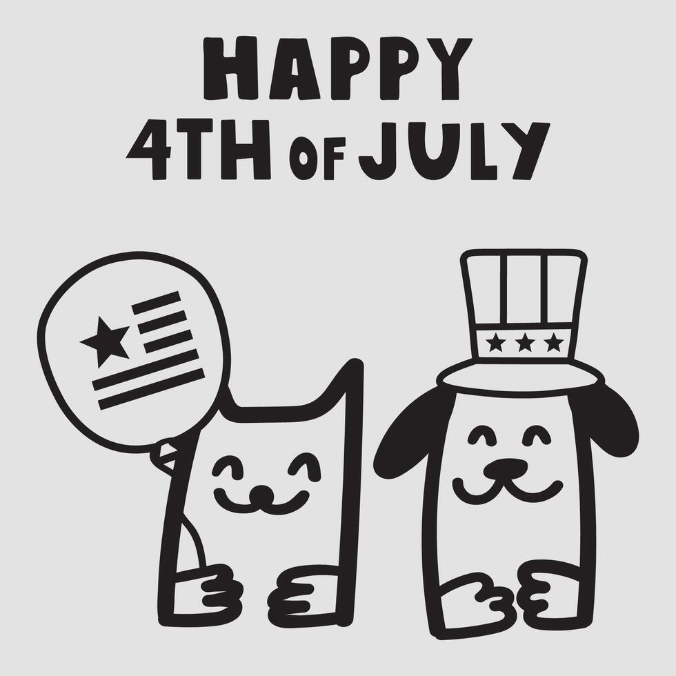 4th of July. Holiday. Independence day. Cat and dog. outline illustration on white background. vector