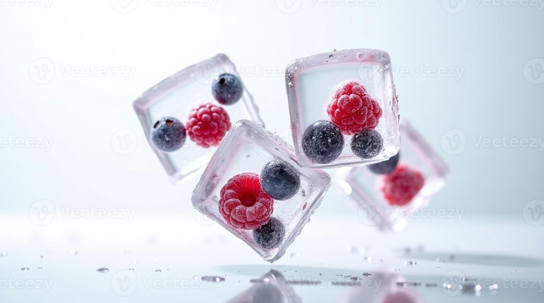 Frozen Berries Suspended within Clear Ice Cubes on a Reflective Surface photo