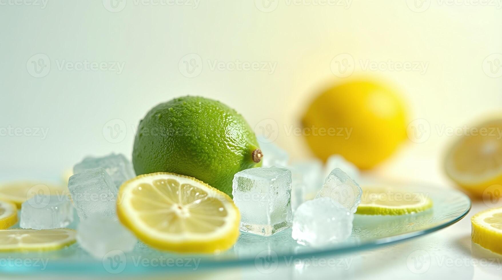 Whole Lime and Lemon Slices with Ice Cubes on a Glass Plate Refreshment photo