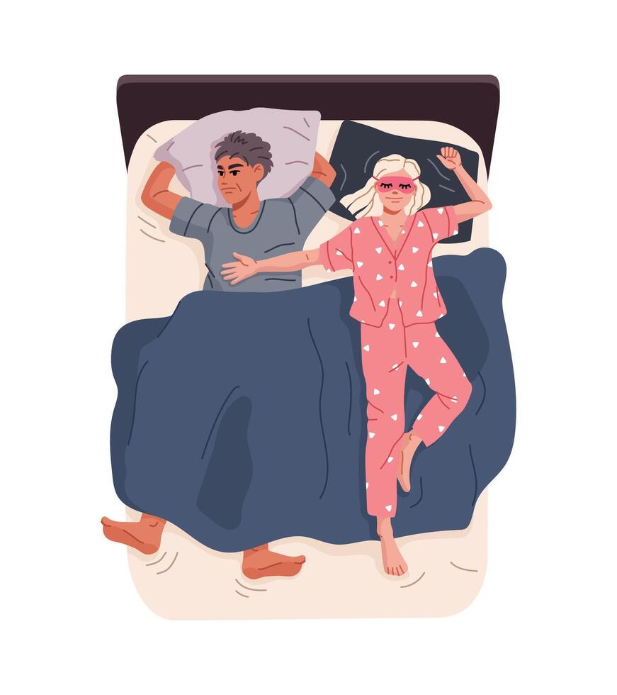 Coupled sleep in bed, humorous bedtime habits vector