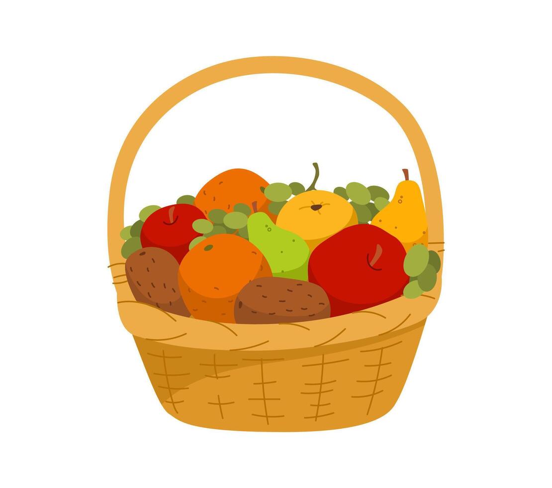 Cartoon wicker basket brims with ripe fresh fruits vector