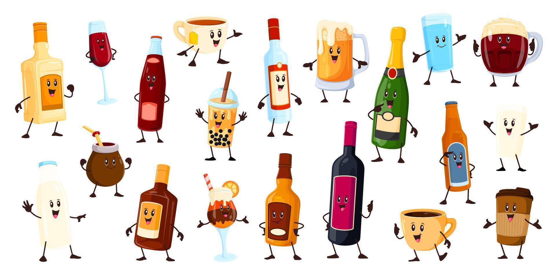 Cartoon drink bottles and glasses characters vector
