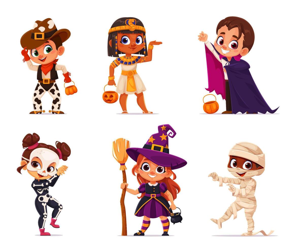Kids Halloween party cartoon children with buckets vector