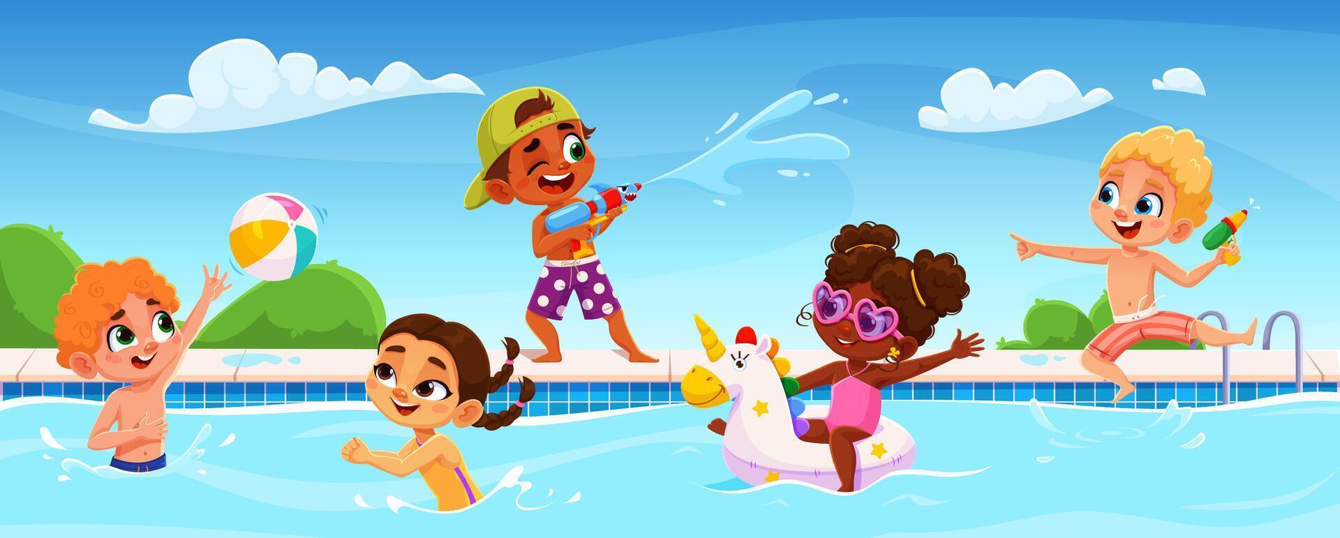 Cartoon children bathe swim and play in the pool. vector