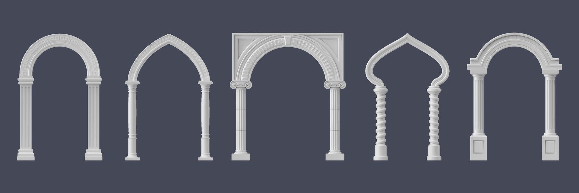 Realistic palace arch pillar gate, marble archways vector
