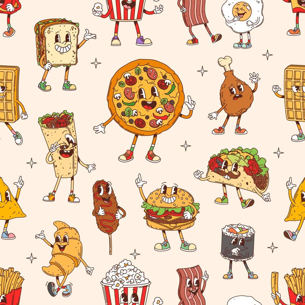 Groovy fast food characters seamless pattern vector
