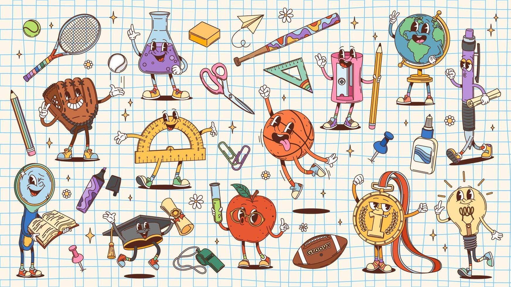 Groovy school and education stationery characters vector
