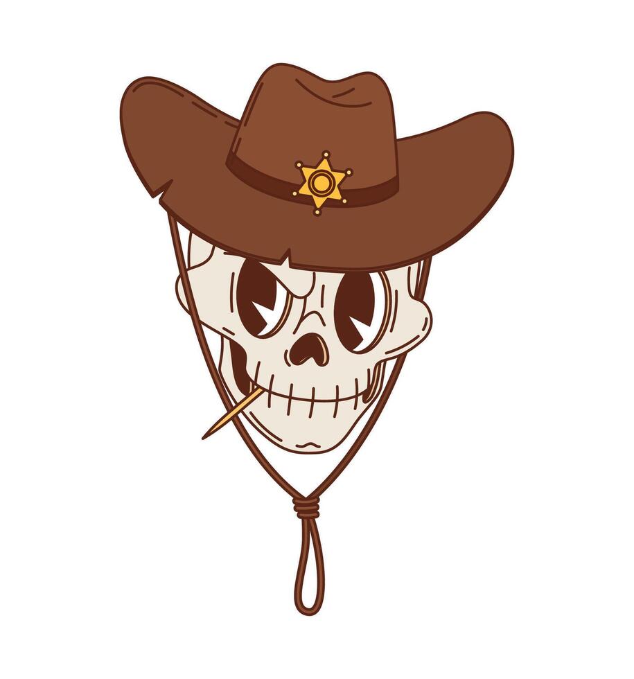 Cartoon groovy wild west cowboy skull character vector