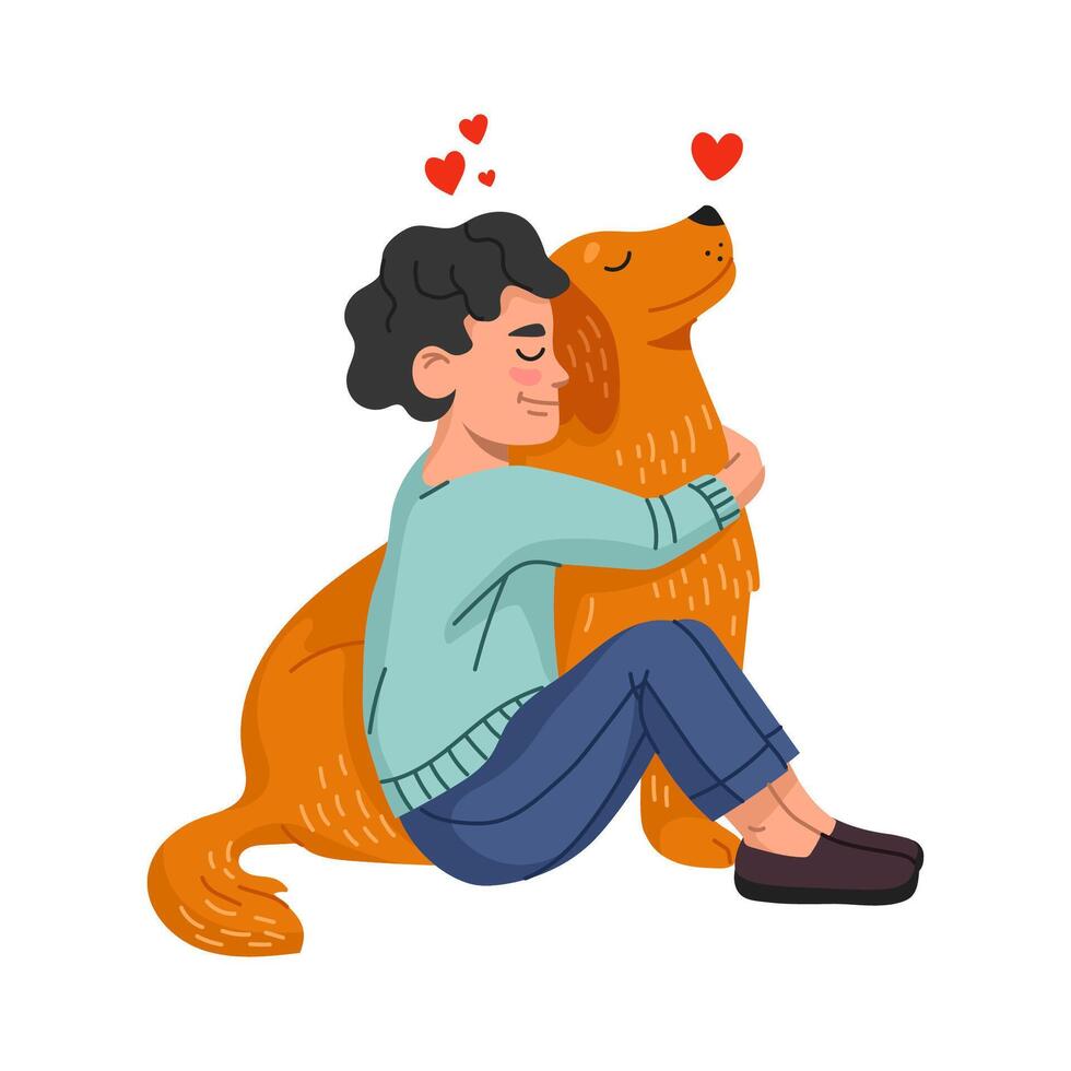 Kid hugs a dog, children petting, playing with pet vector