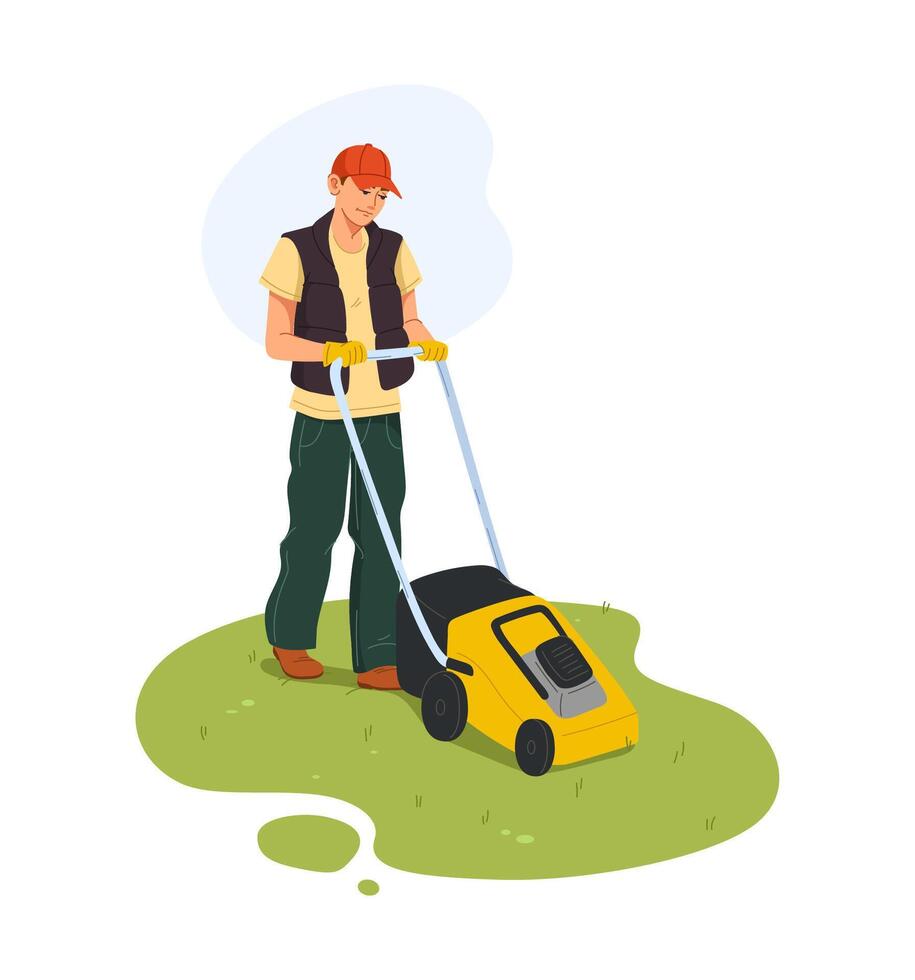 Farmer gardener male character pushing lawn mower vector